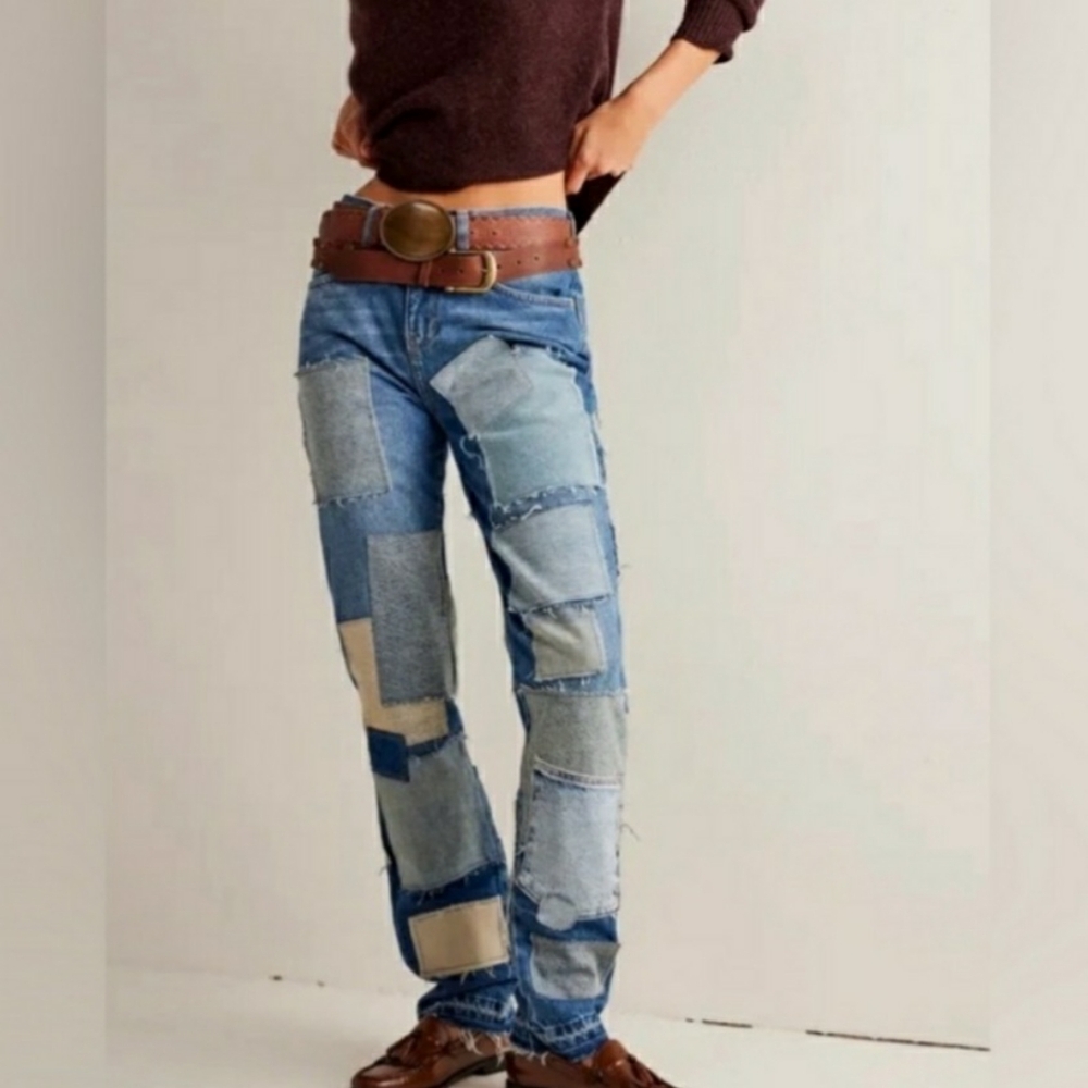 NEW FREE PEOPLE We The Free Bare With Me Patchwork Jeans Mid Rise Size 25